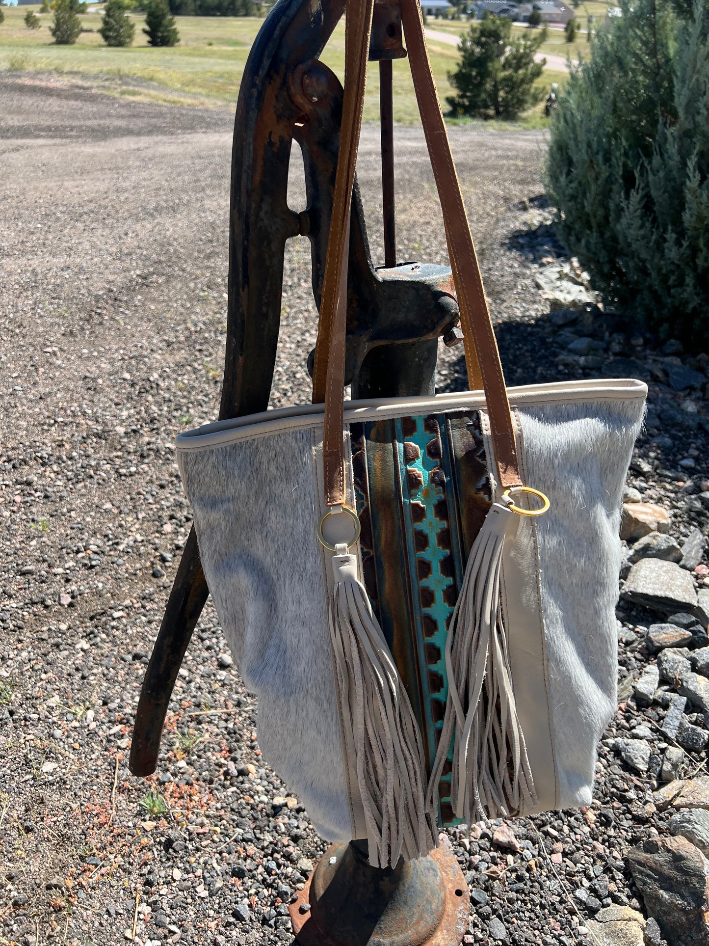 Cream cowhide and leather Made in USA shoulder purse