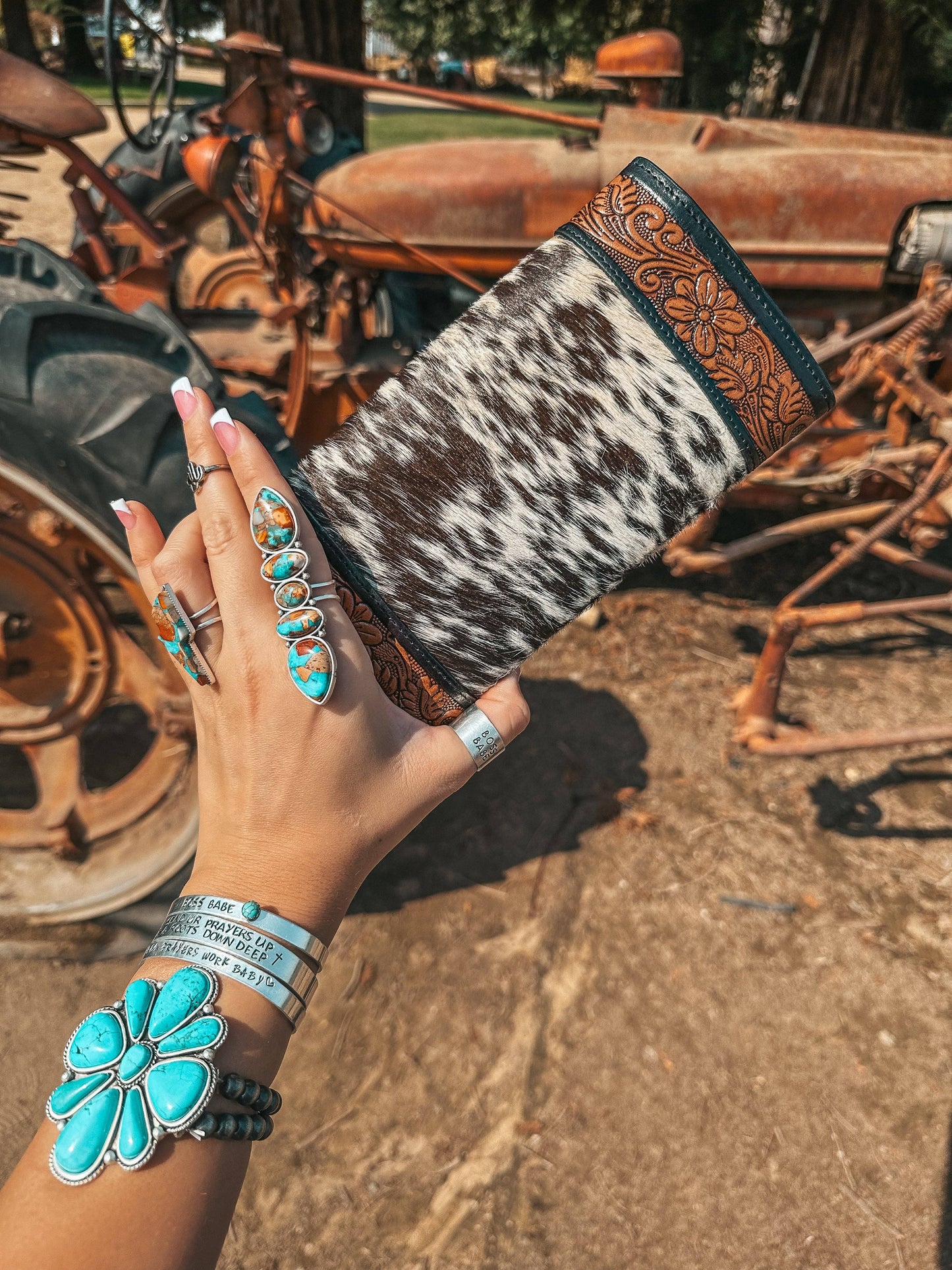 Turquoise Tooled Beauty Wallet, Western Cowhide Style