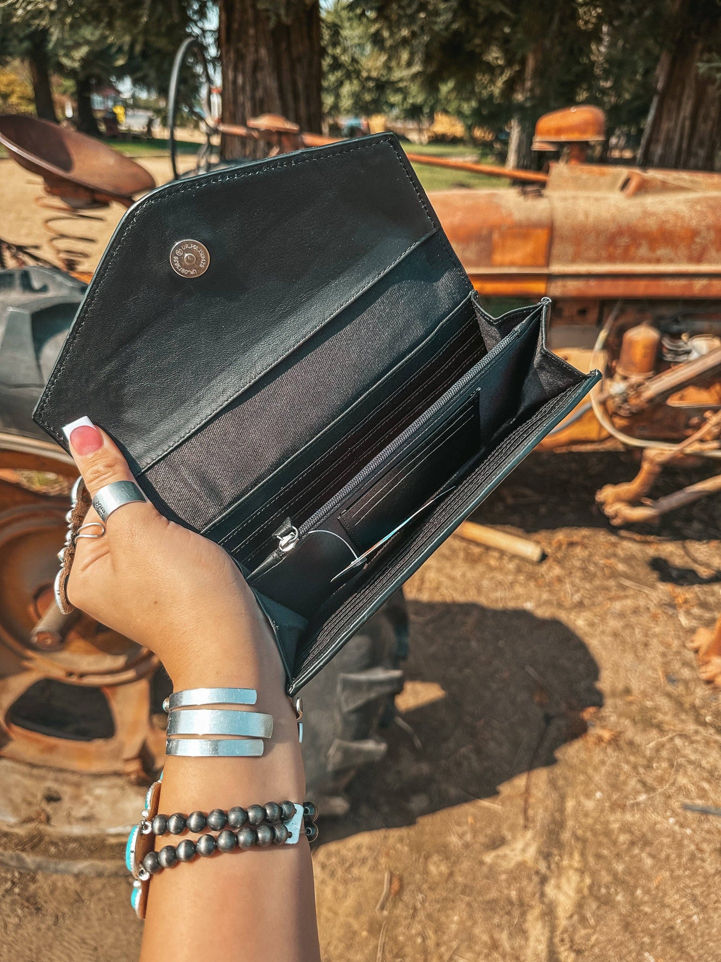 Turquoise Tooled Beauty Wallet, Western Cowhide Style
