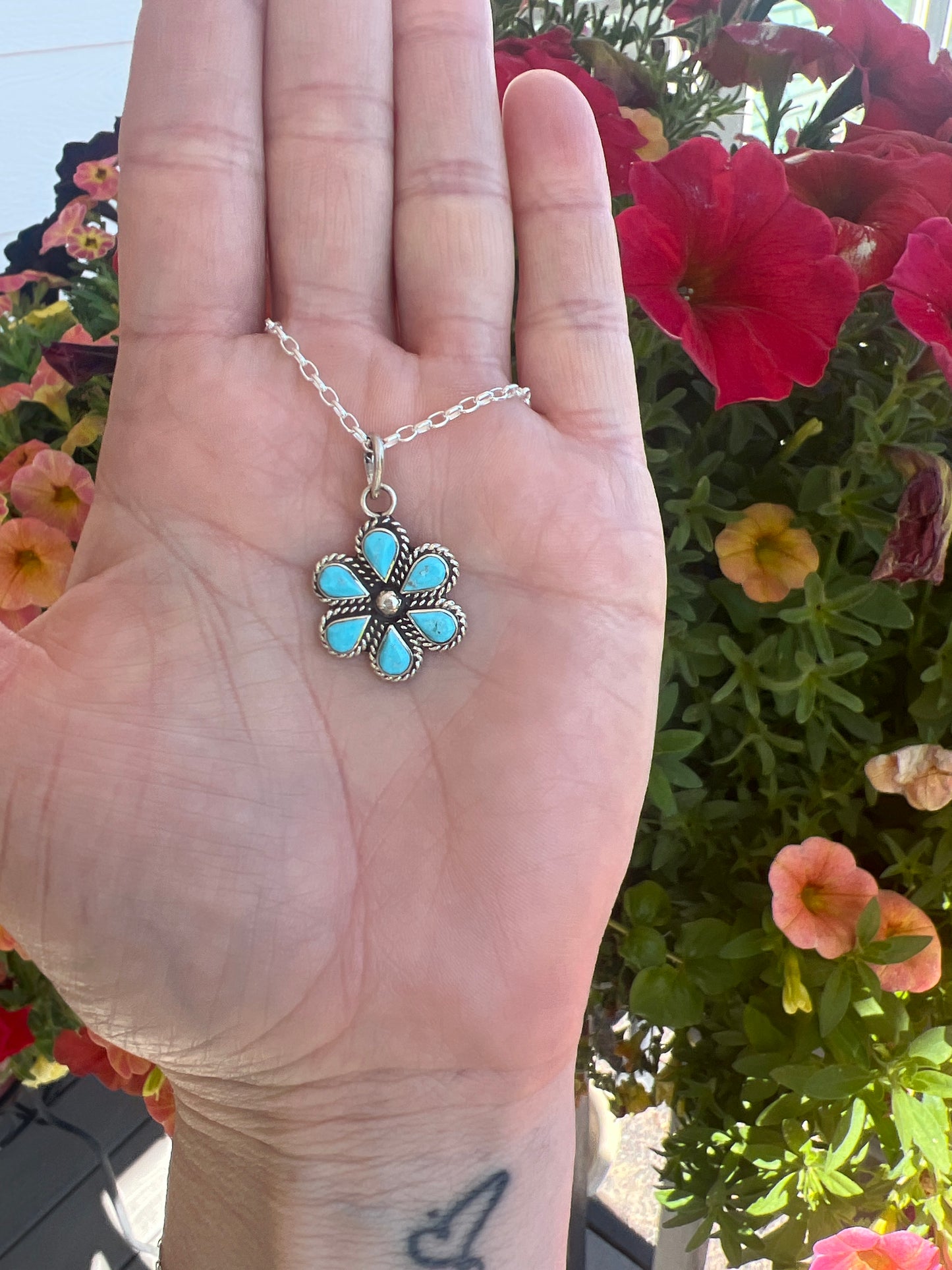 Gina Docedo flower cluster necklace and sterling chain