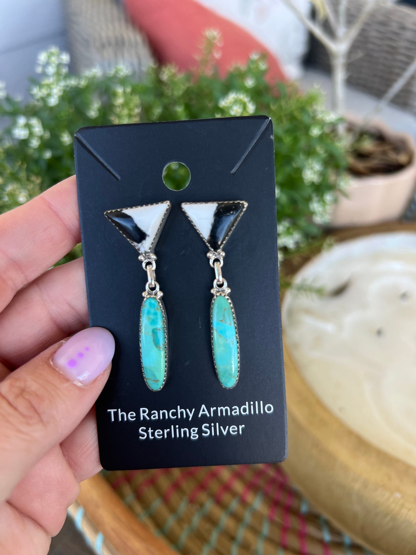 White buffalo and turquoise drop earrings by Turnback pony
