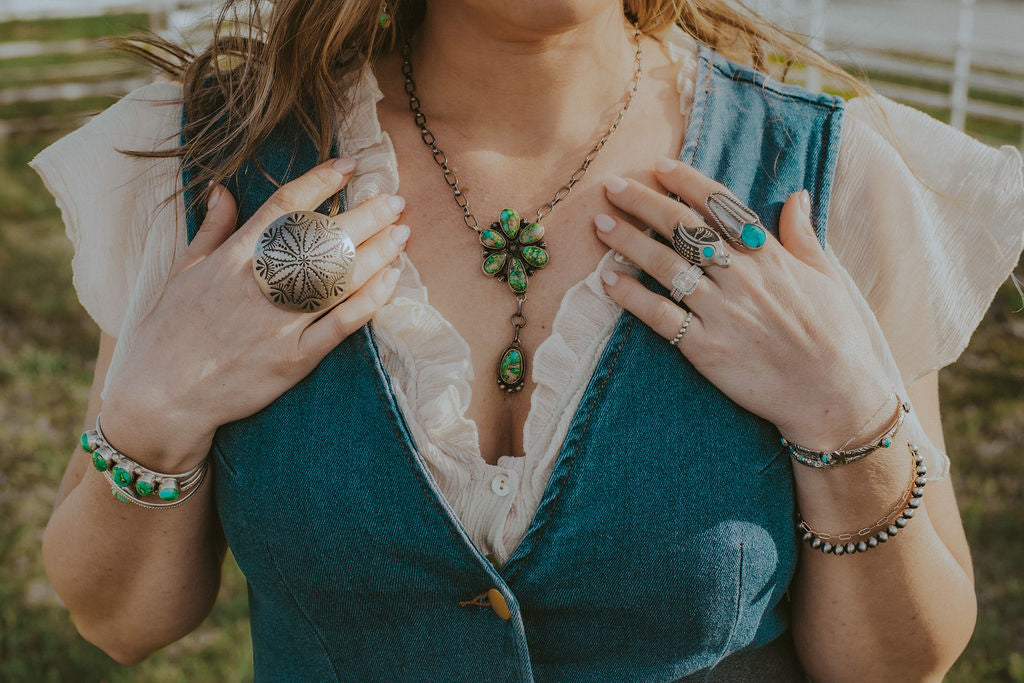 Beautiful half sphere statement ring, Navajo made and stamped adjustable