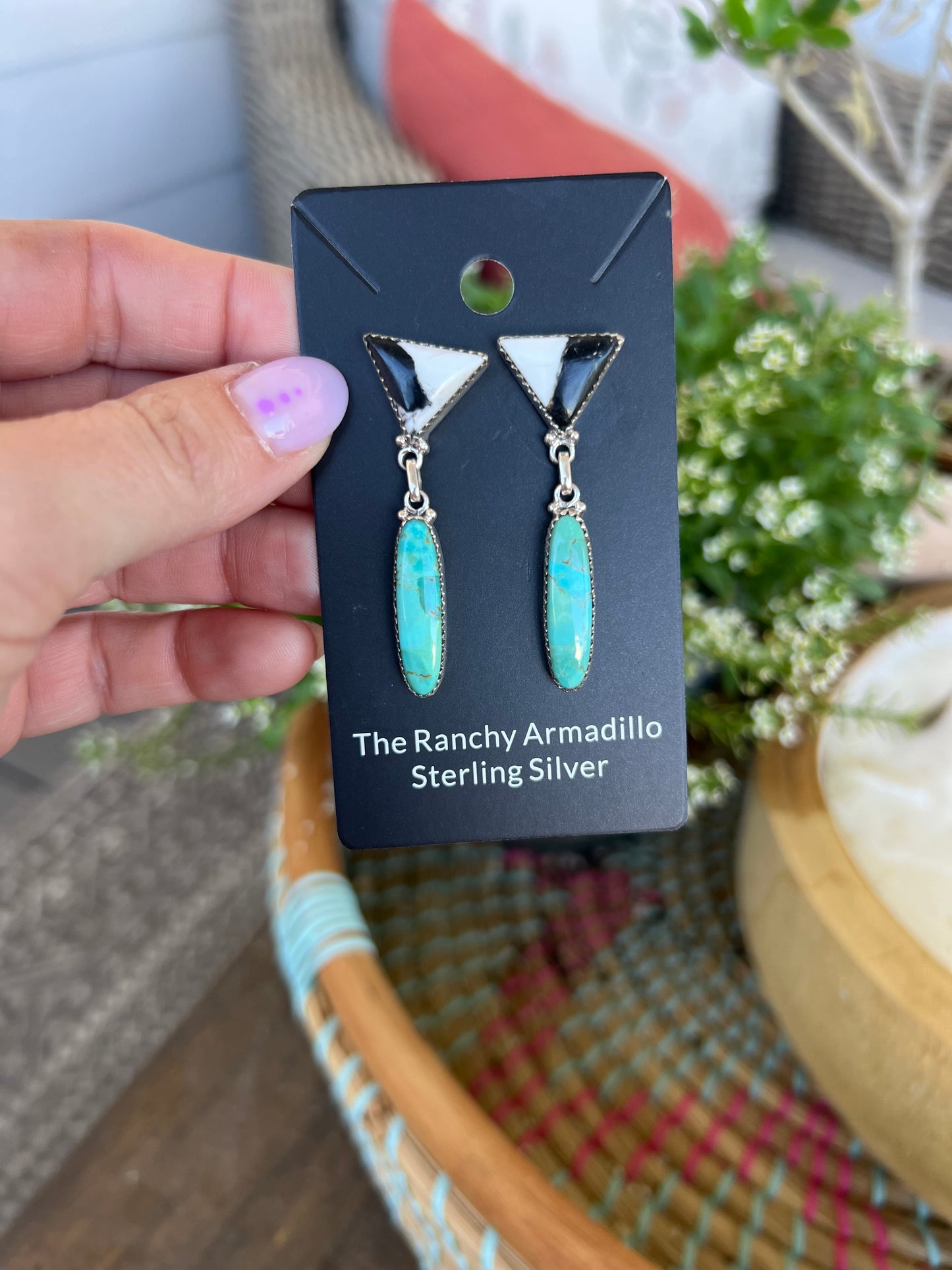 White buffalo and turquoise drop earrings by Turnback pony