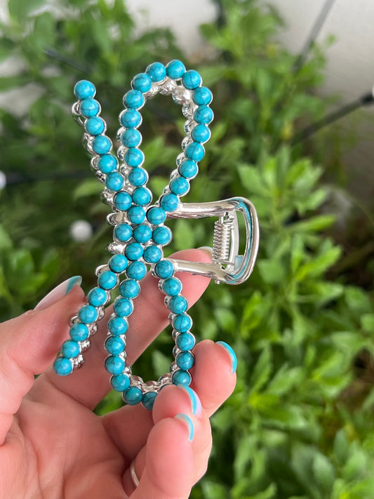 Faux turquoise bow claw clip
