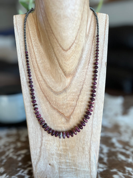 Purple Spiny shell and sterling saucer necklace 20”