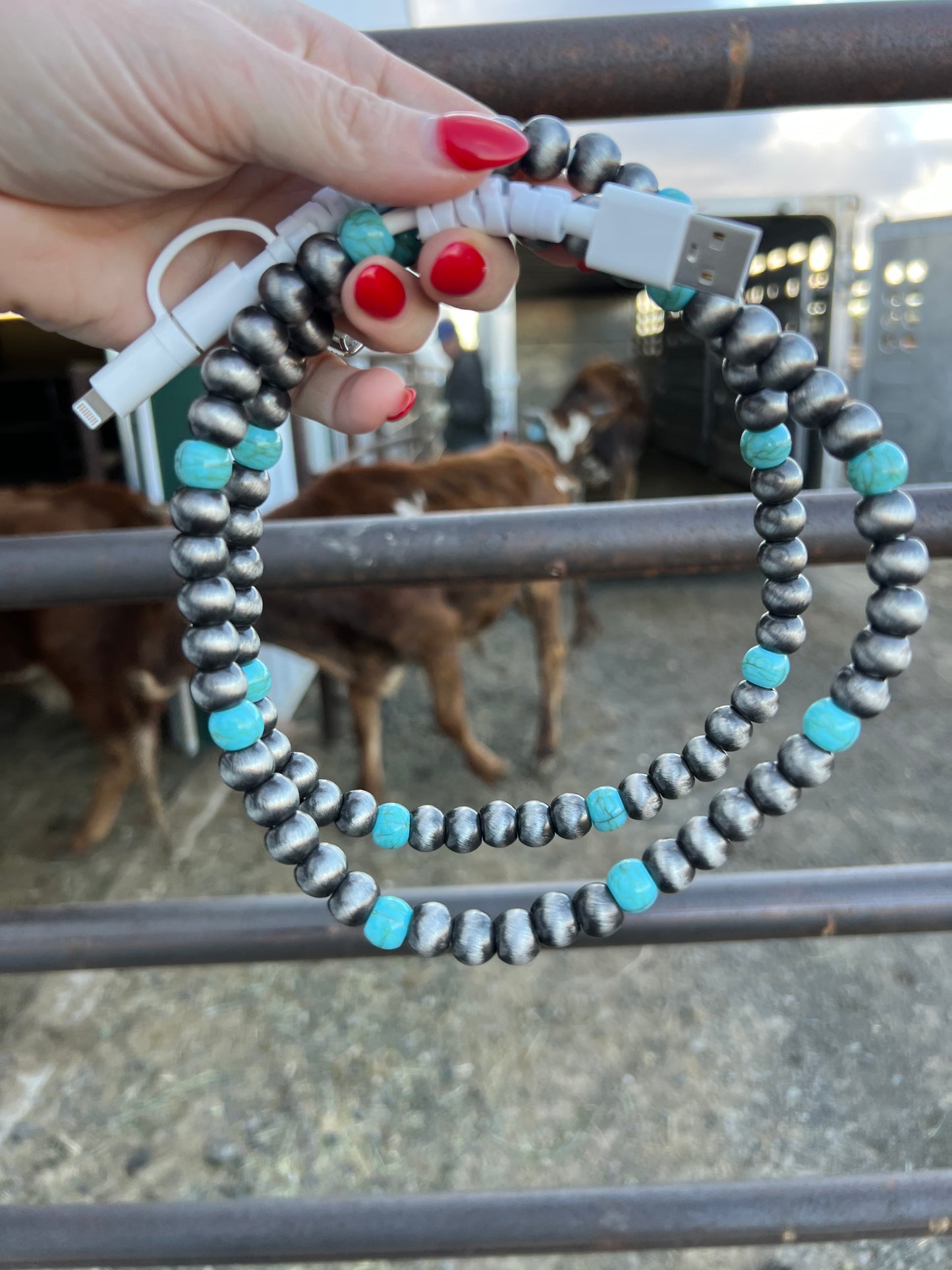 ****PRE-ORDER****Faux pearls and turquoise phone charger multi way with USB these will not ship until February