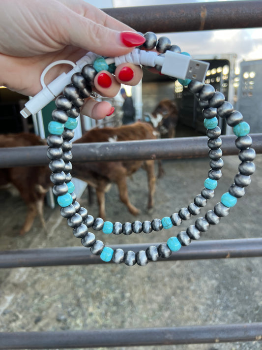 ****PRE-ORDER****Faux pearls and turquoise phone charger multi way with USB these will not ship until February