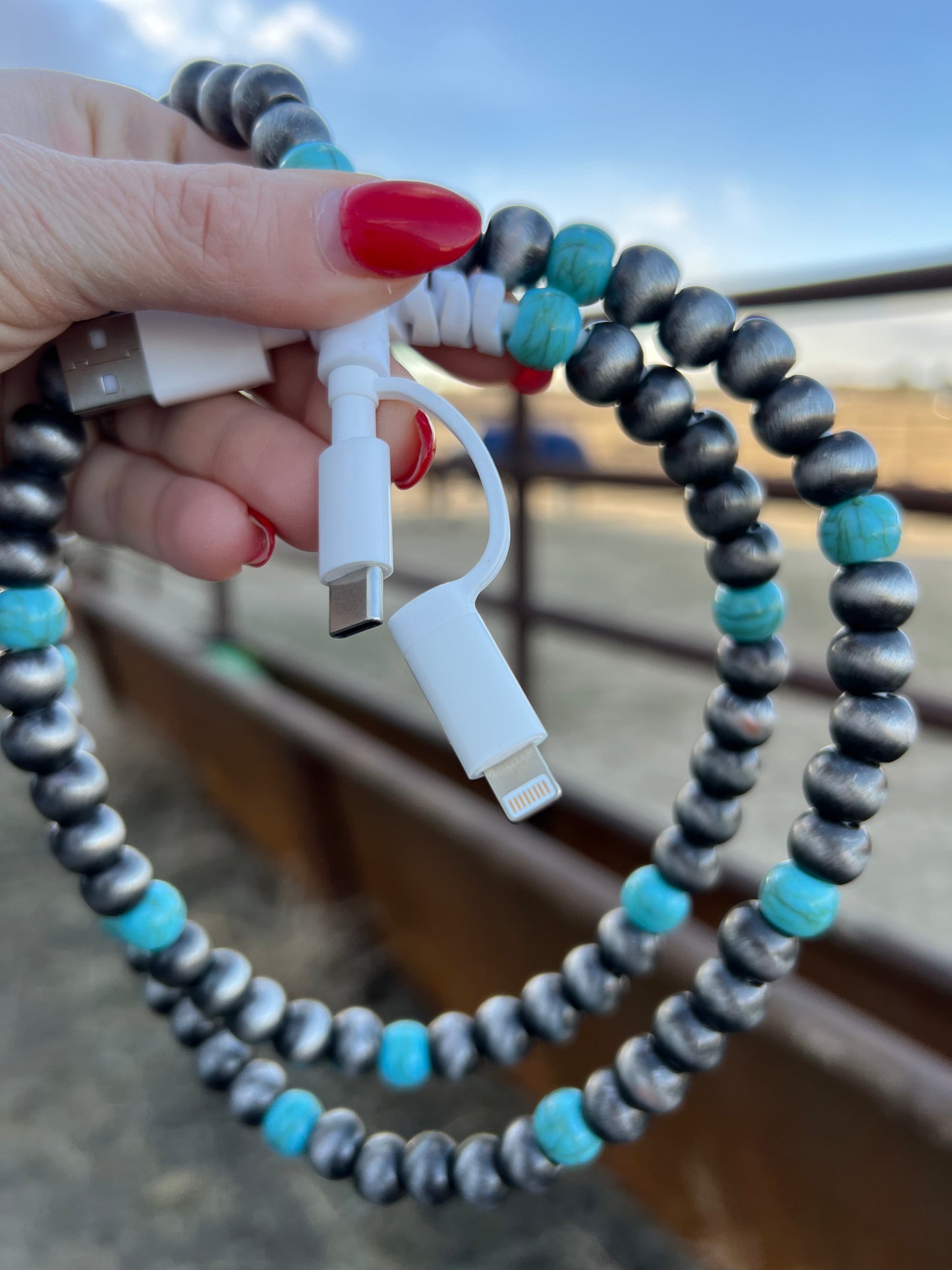 ****PRE-ORDER****Faux pearls and turquoise phone charger multi way with USB these will not ship until February