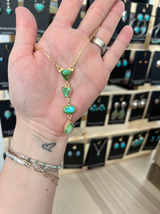 Gold and Turquoise Heart Lariat by Turnback Pony Gold Plated 16” with 2” extender 2 1/2” drop