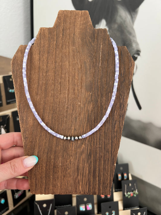 Purple shell Heisha beads with sterling silver pearls 14” with 3” extender