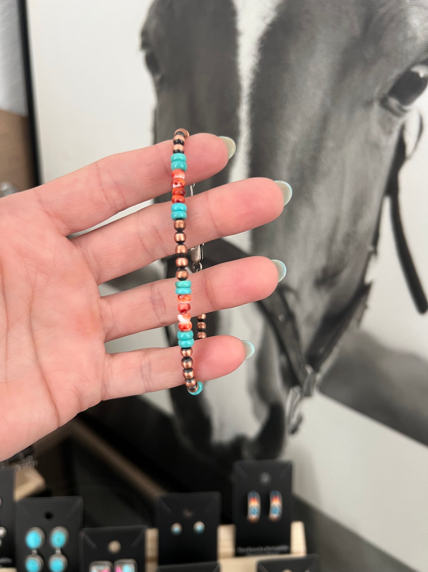 Copper bracelet with turquoise and spiny beads