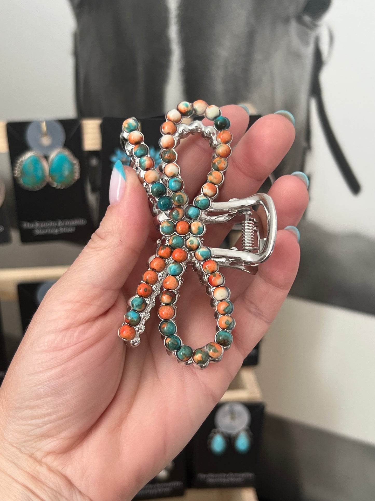 Bow multi colored faux stone claw clip