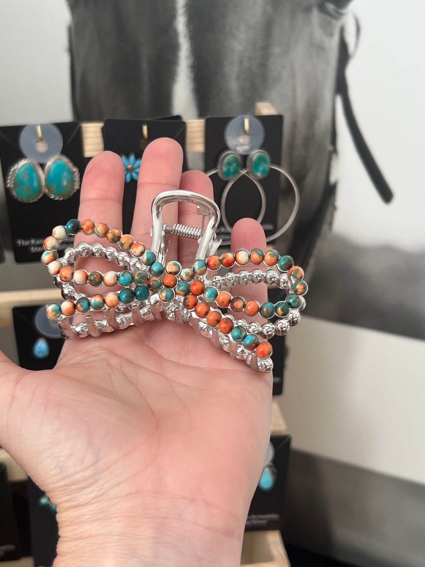 Bow multi colored faux stone claw clip