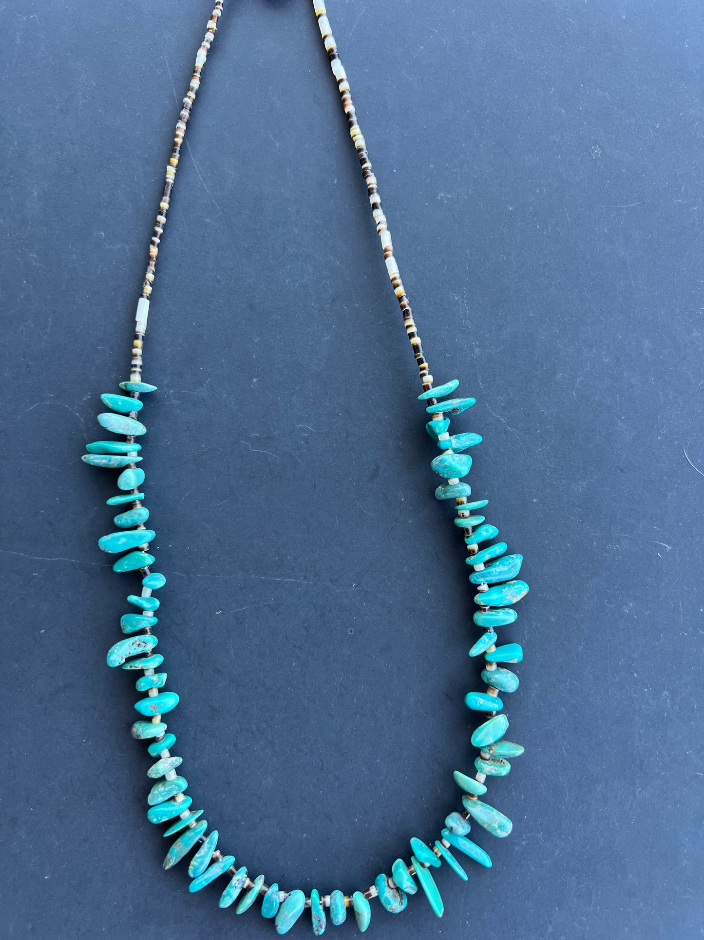 Kingman turquoise and shell 24” necklace