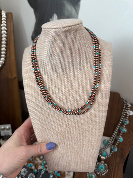 Triple strand copper and kingman pearls