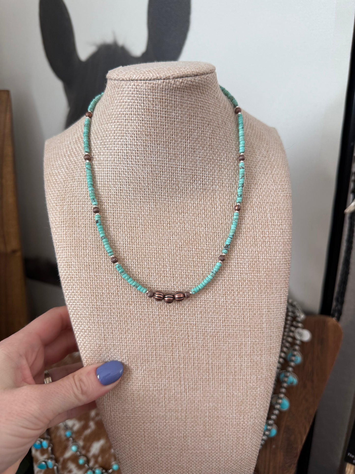 Turquoise necklace with copper pearls 14”