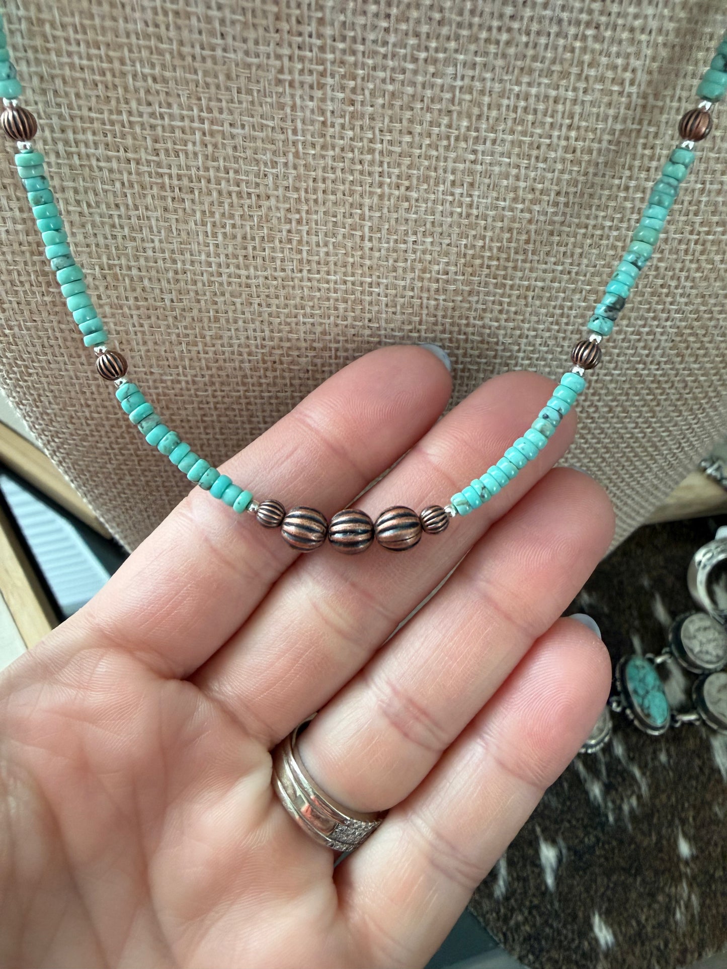 Turquoise necklace with copper pearls 14”