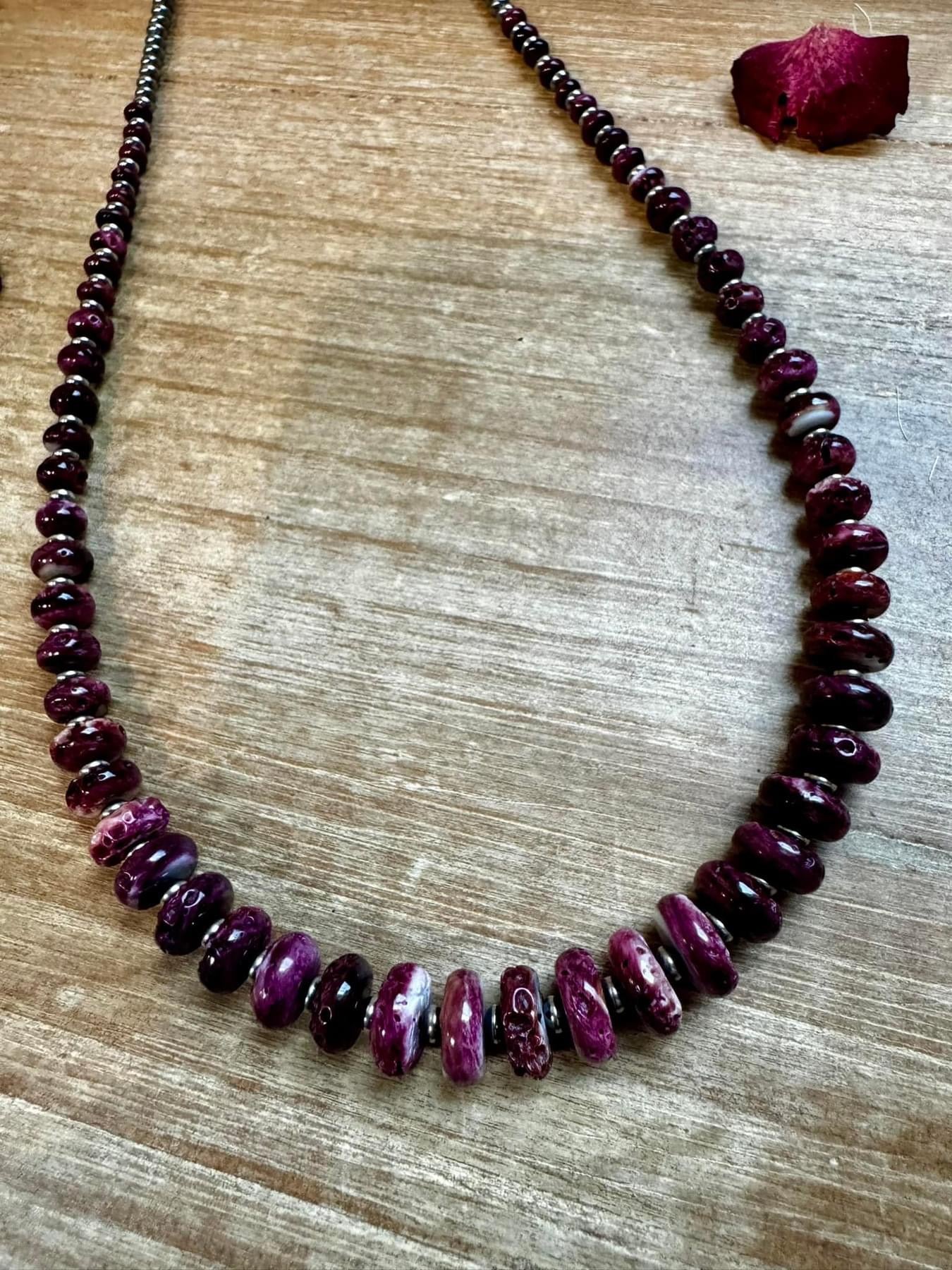 Purple Spiny shell and sterling saucer necklace 20”