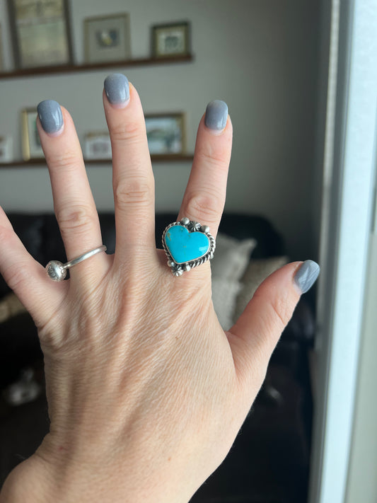 Turquoise heart ring. Adjustable Native made stamped AM