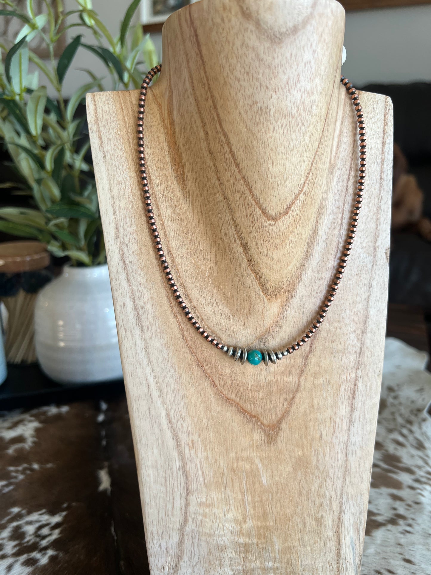 Copper with saucer sterling pearls and turquoise