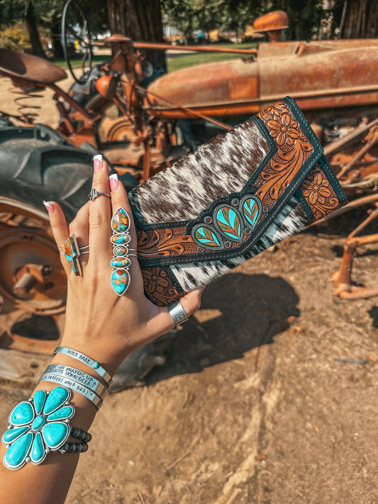 Turquoise Tooled Beauty Wallet, Western Cowhide Style
